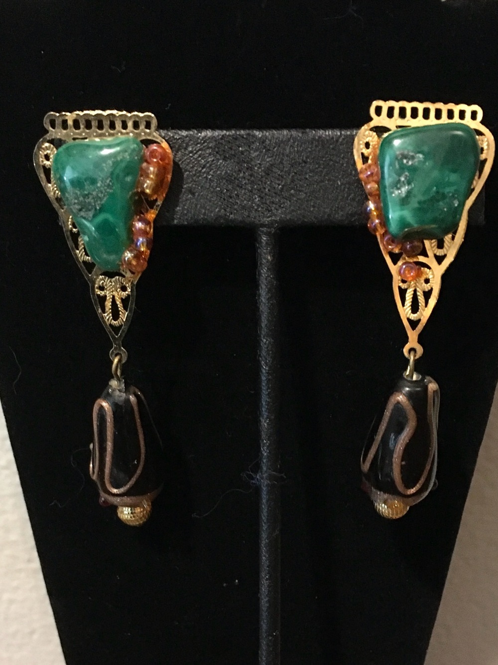 Vintage 90s Artisan Crafted Genuine Malachite & Filigree Dangle Pierced Earrings